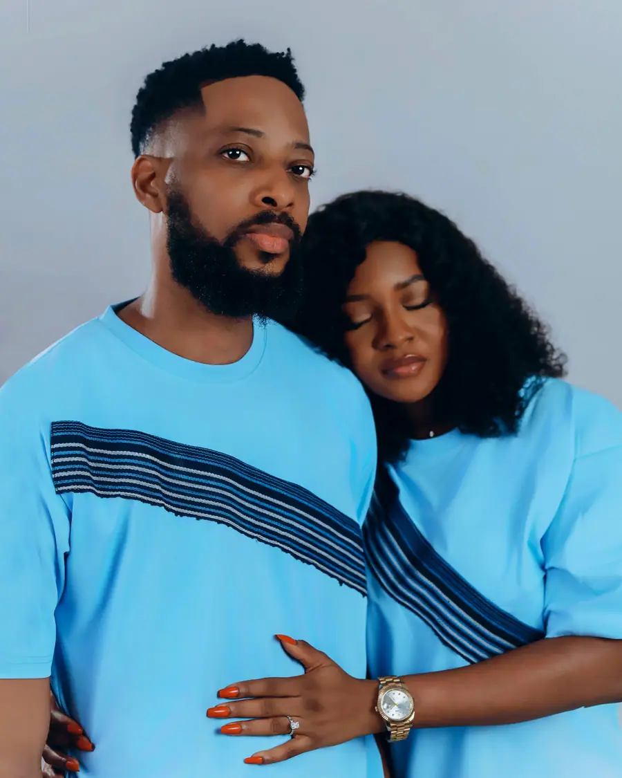 Amara and Ebuka in matching sky-blue outfits in the studio
